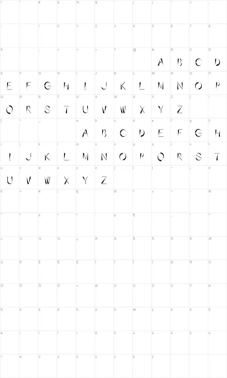 Affixedfont character map