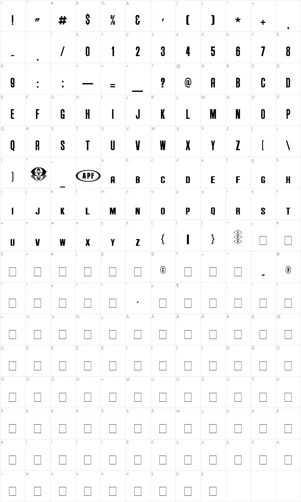 Anderson Supercarfont character map