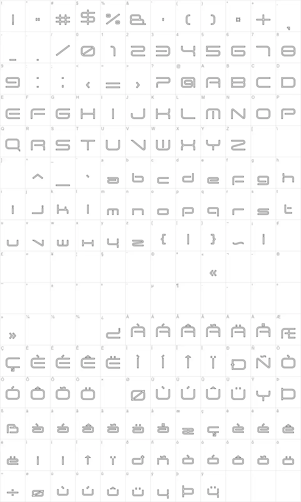 Andtioh Zerofont character map