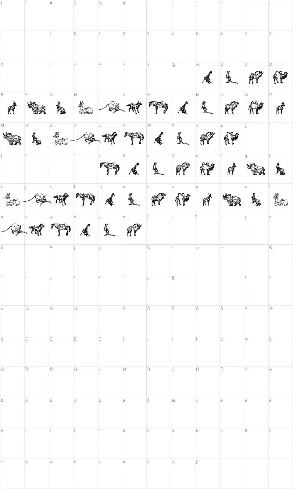 Animalinefont character map