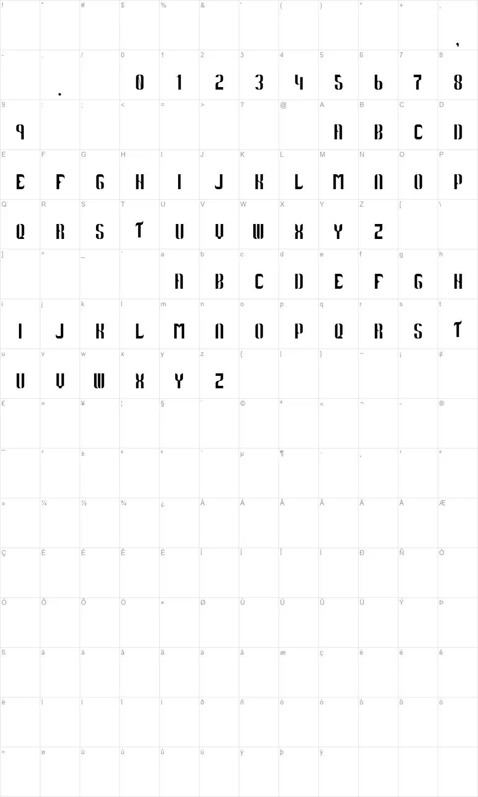 Arabic curvesfont character map