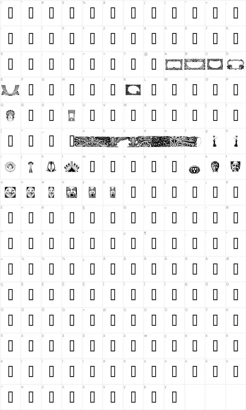 Art Noveau Headersfont character map