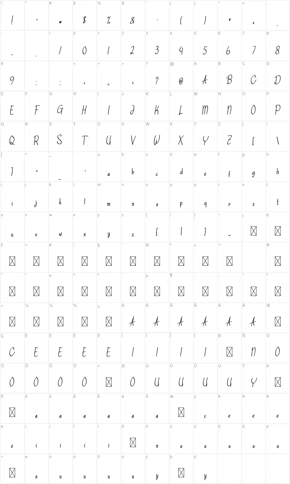 Ashwordfont character map