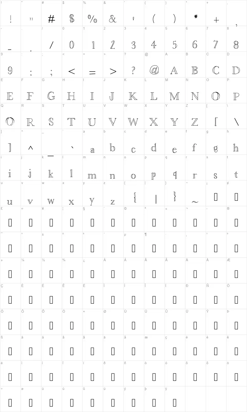 Aster Bloomfont character map