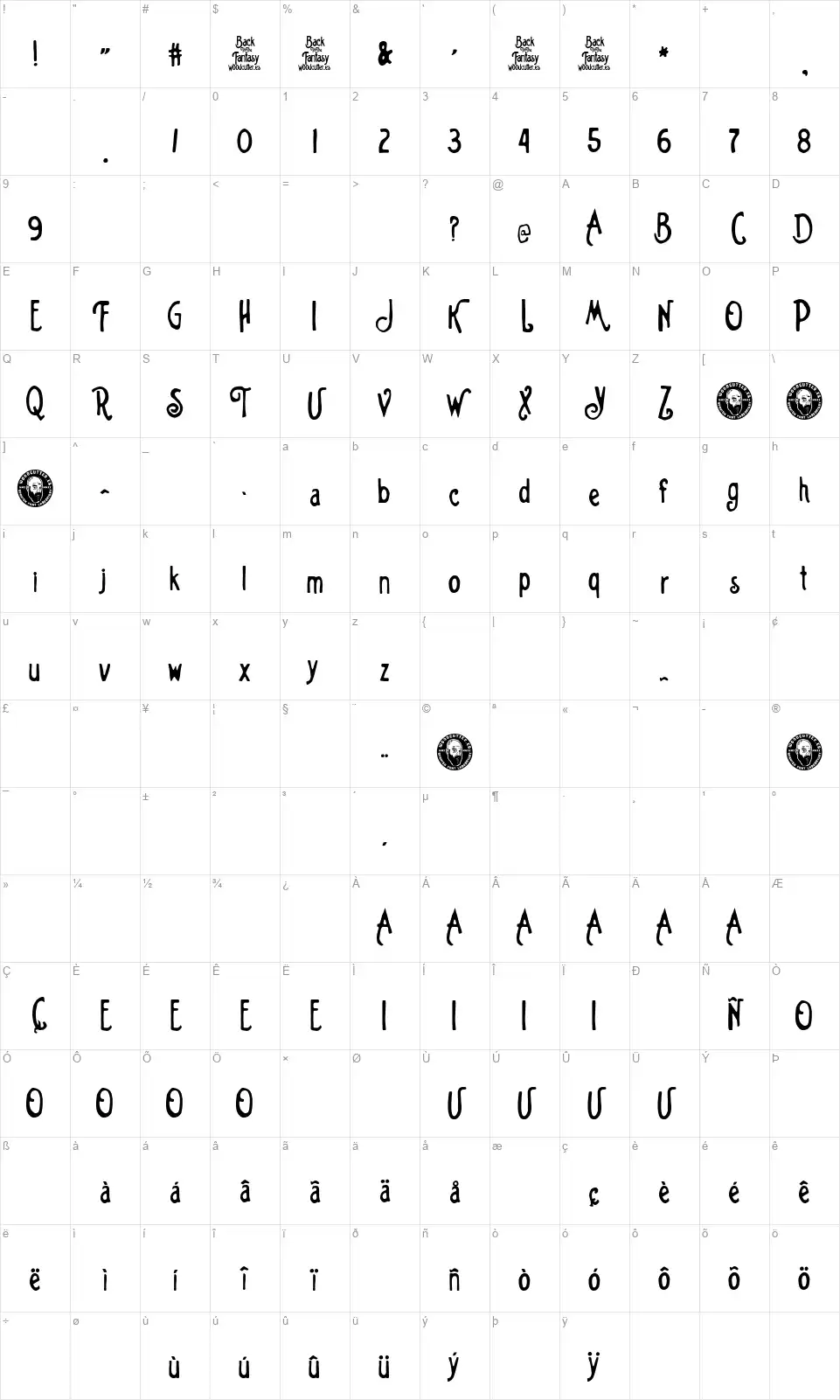 Back To The Fantasyfont character map