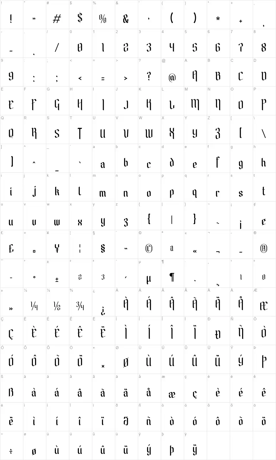 Barklisefont character map