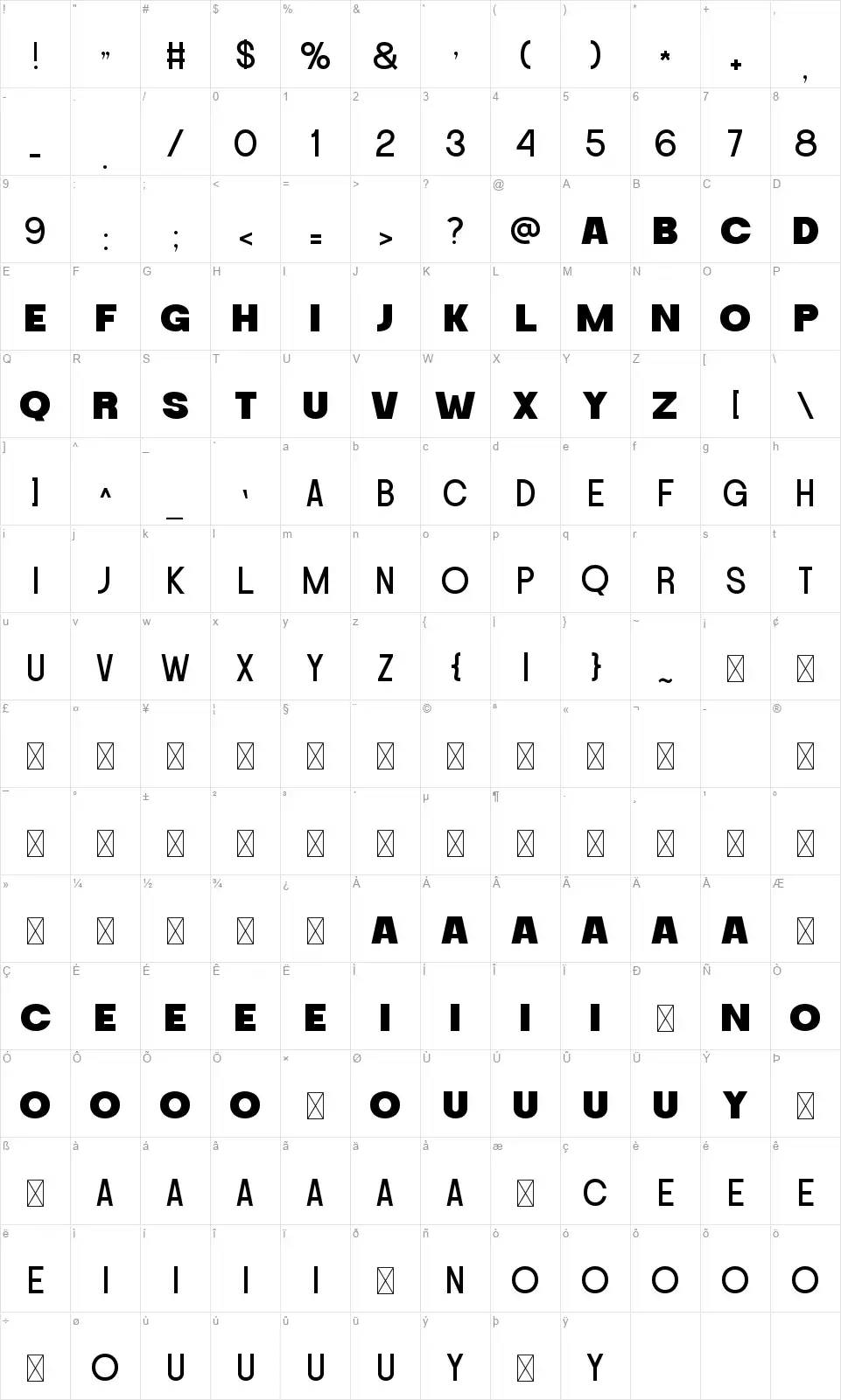 Bedaboldfont character map