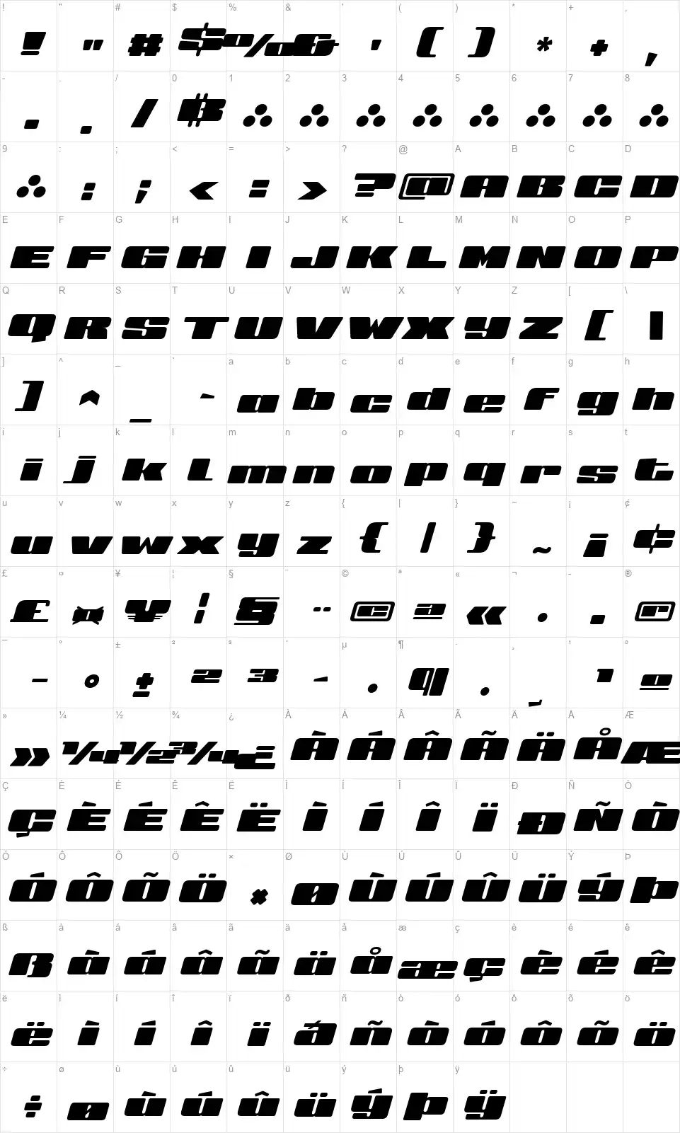 BIG Slantedfont character map
