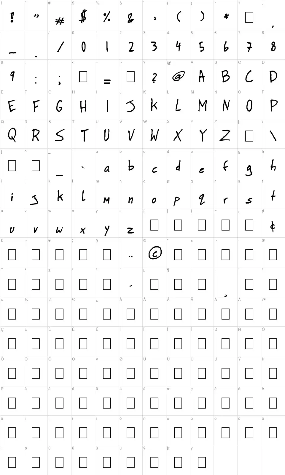 BigHonk handwritingfont character map