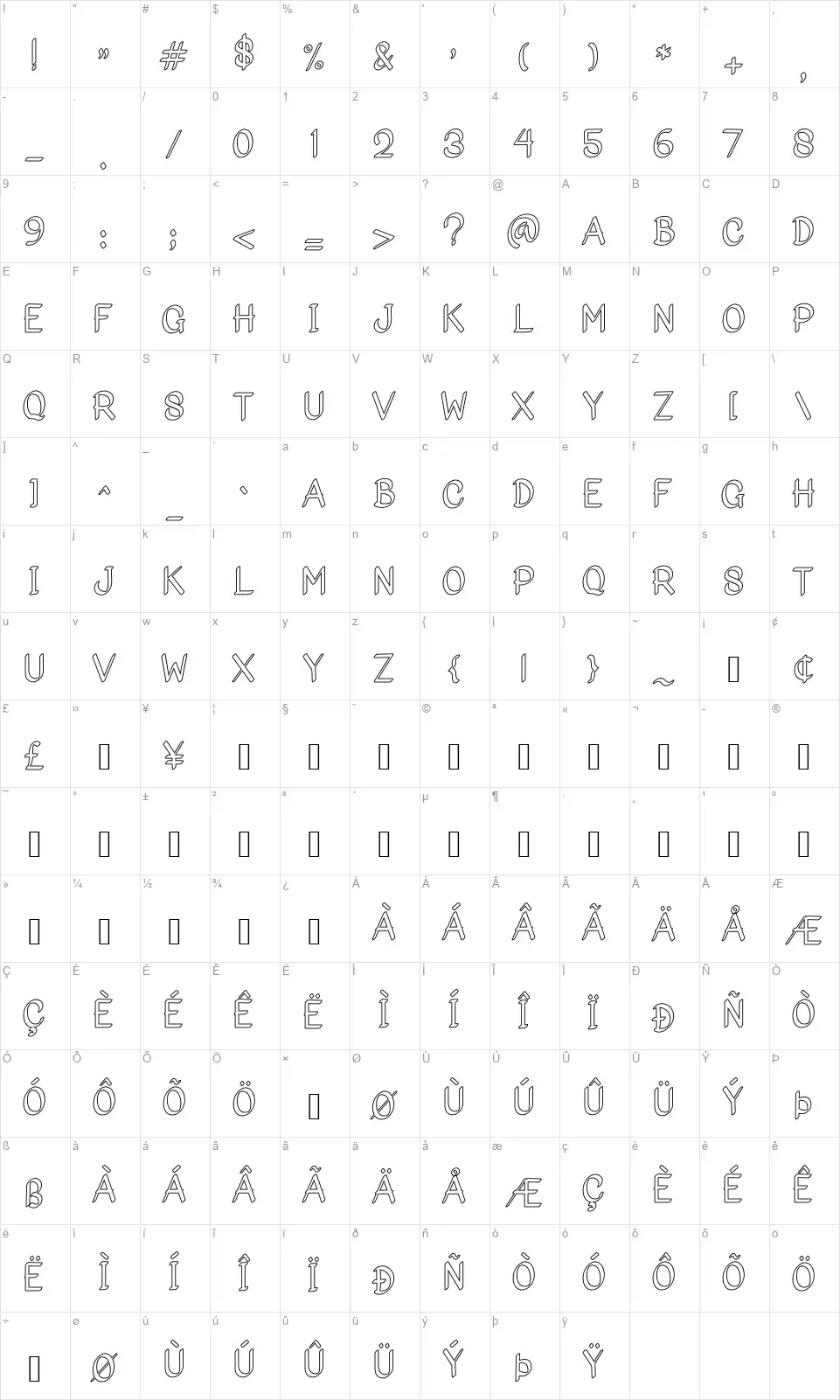 Bigoutlinerfont character map