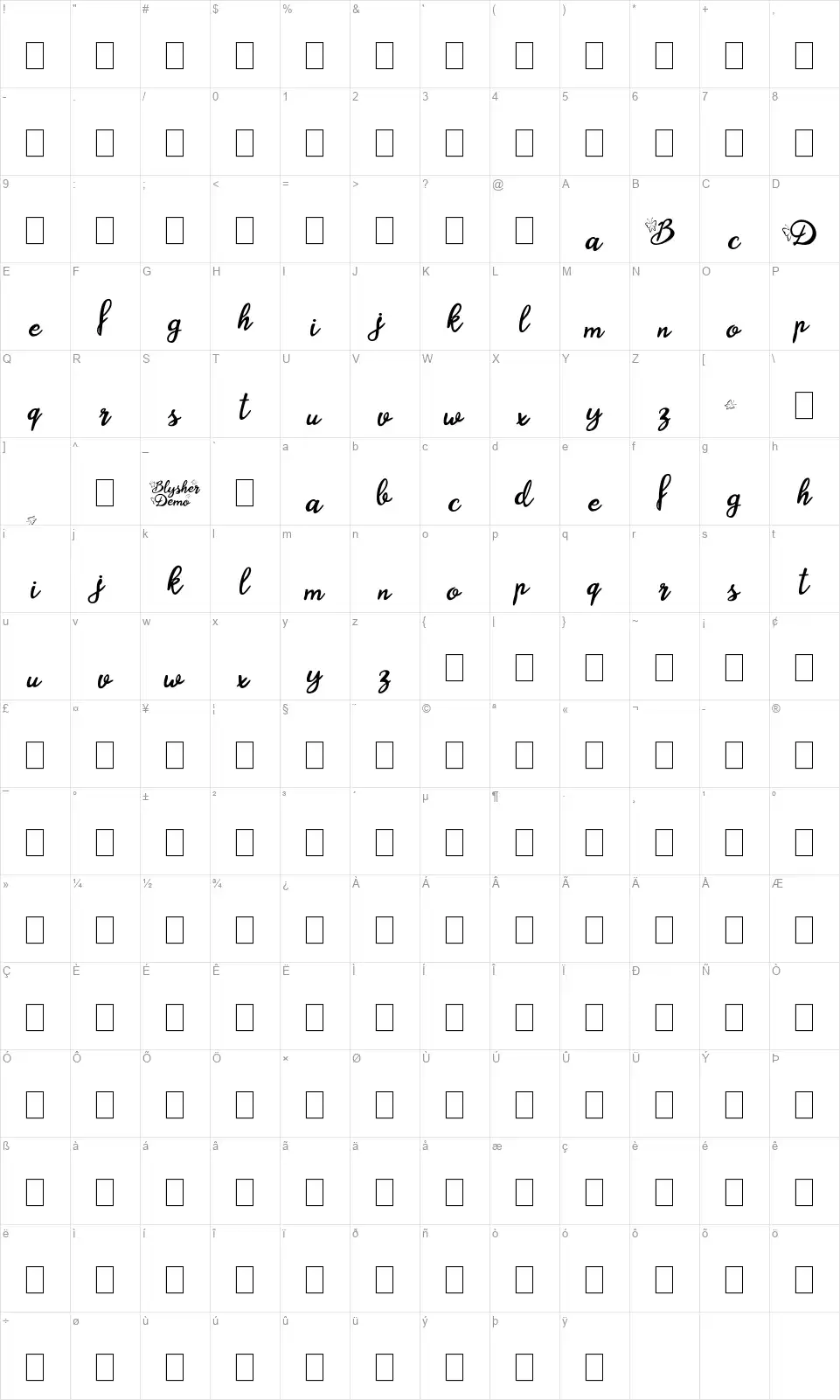Blysherfont character map