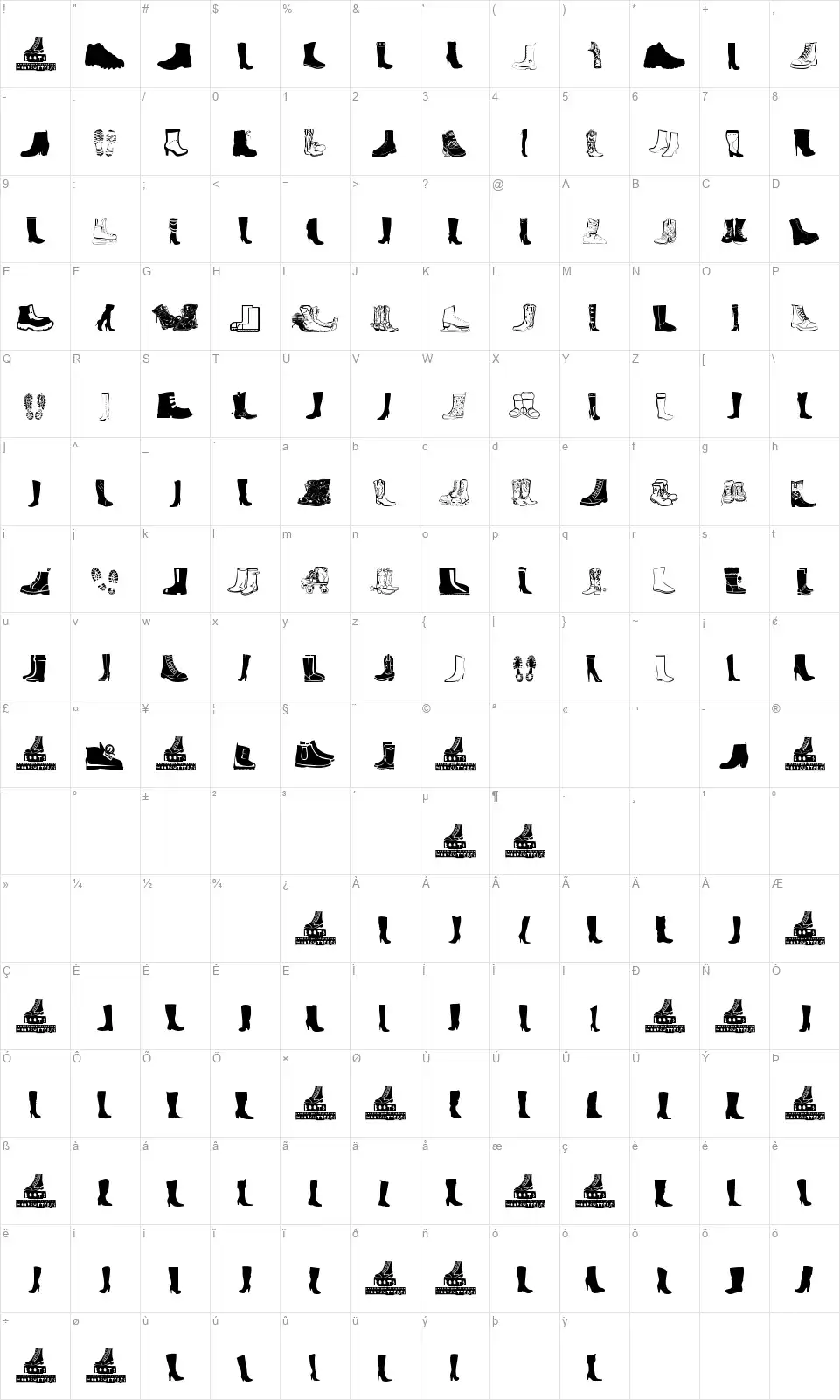 Bootsfont character map