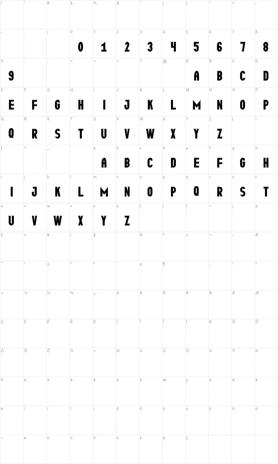 Brillante Stfont character map