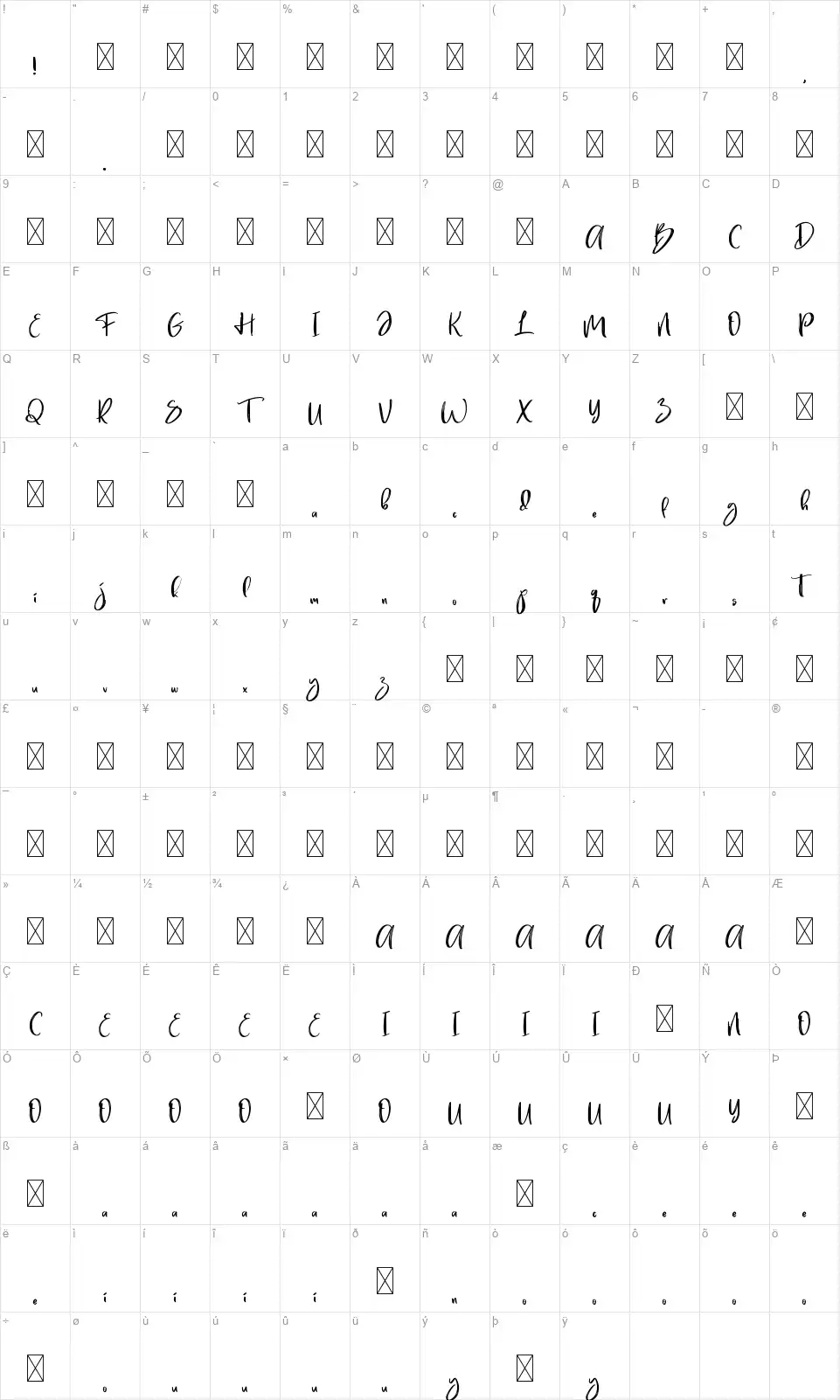 Brillfondfont character map