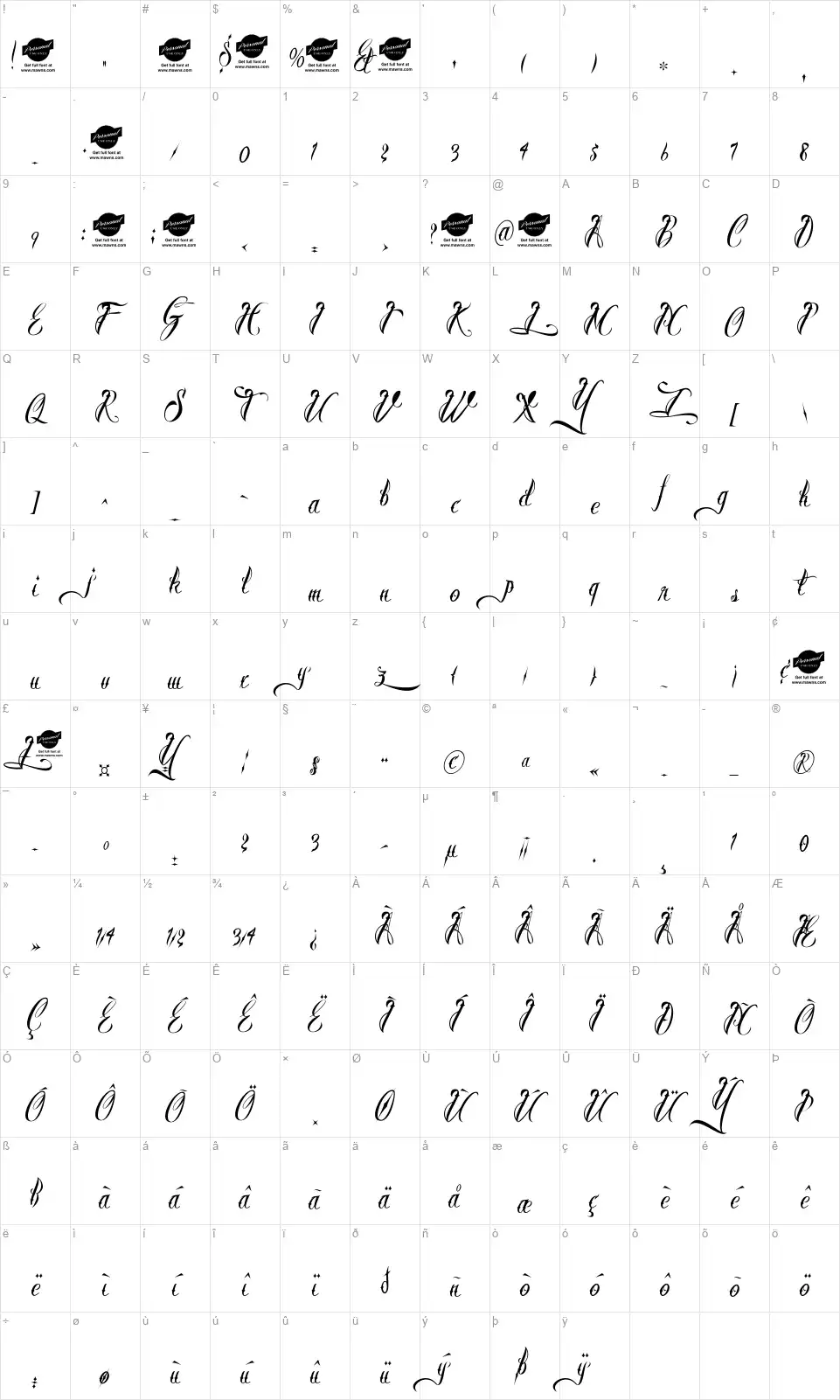 Brother Tattoofont character map