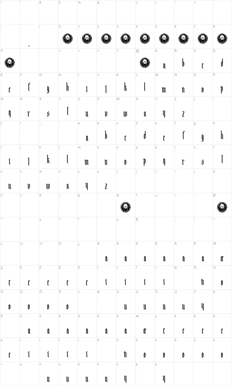 Bunker Lowercasefont character map