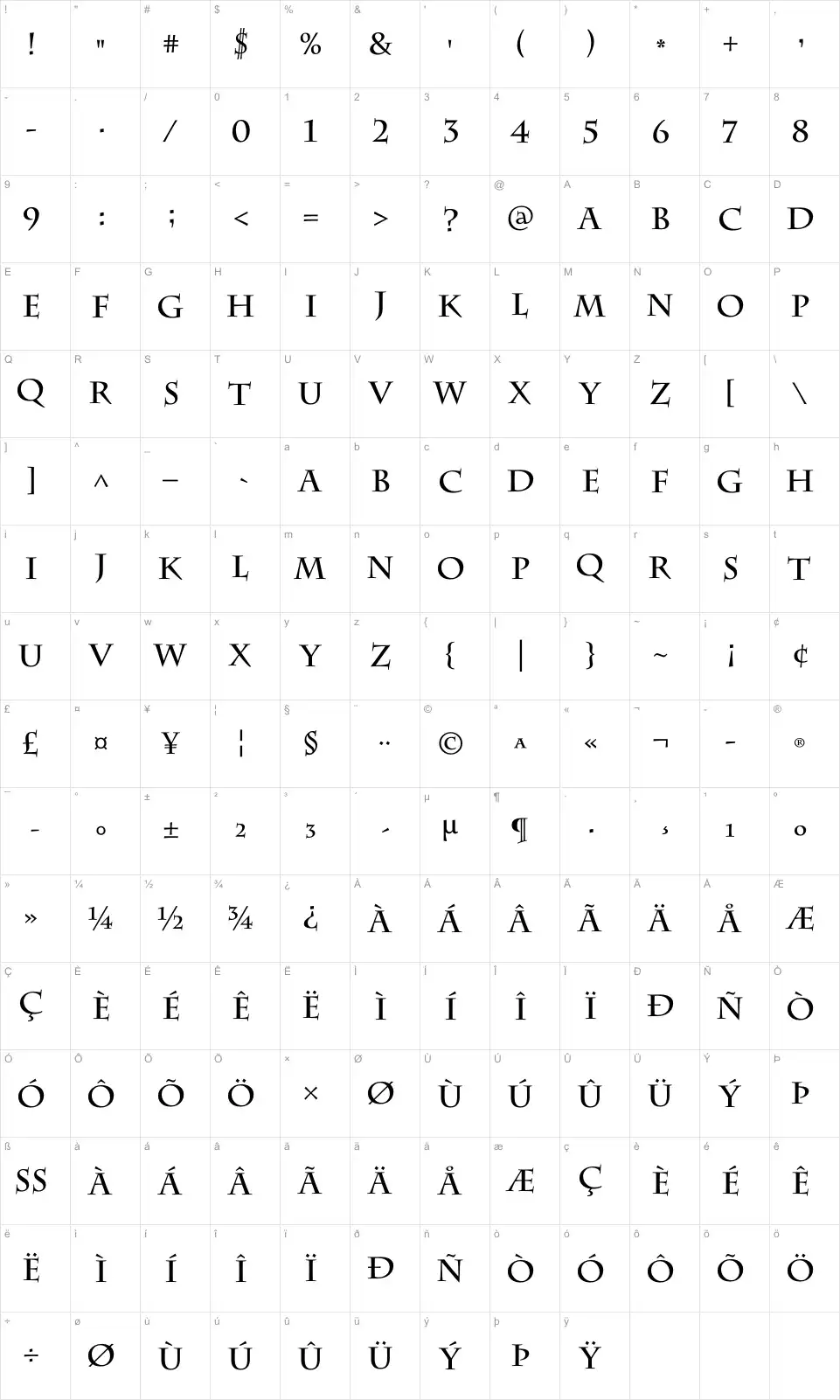 Charlemagne Std Boldfont character map