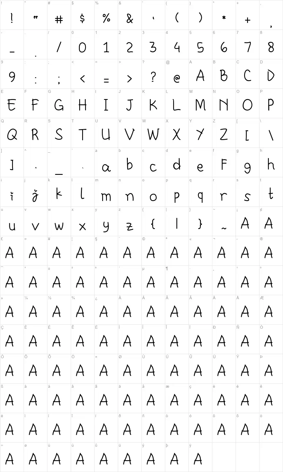 Chasywadanfont character map