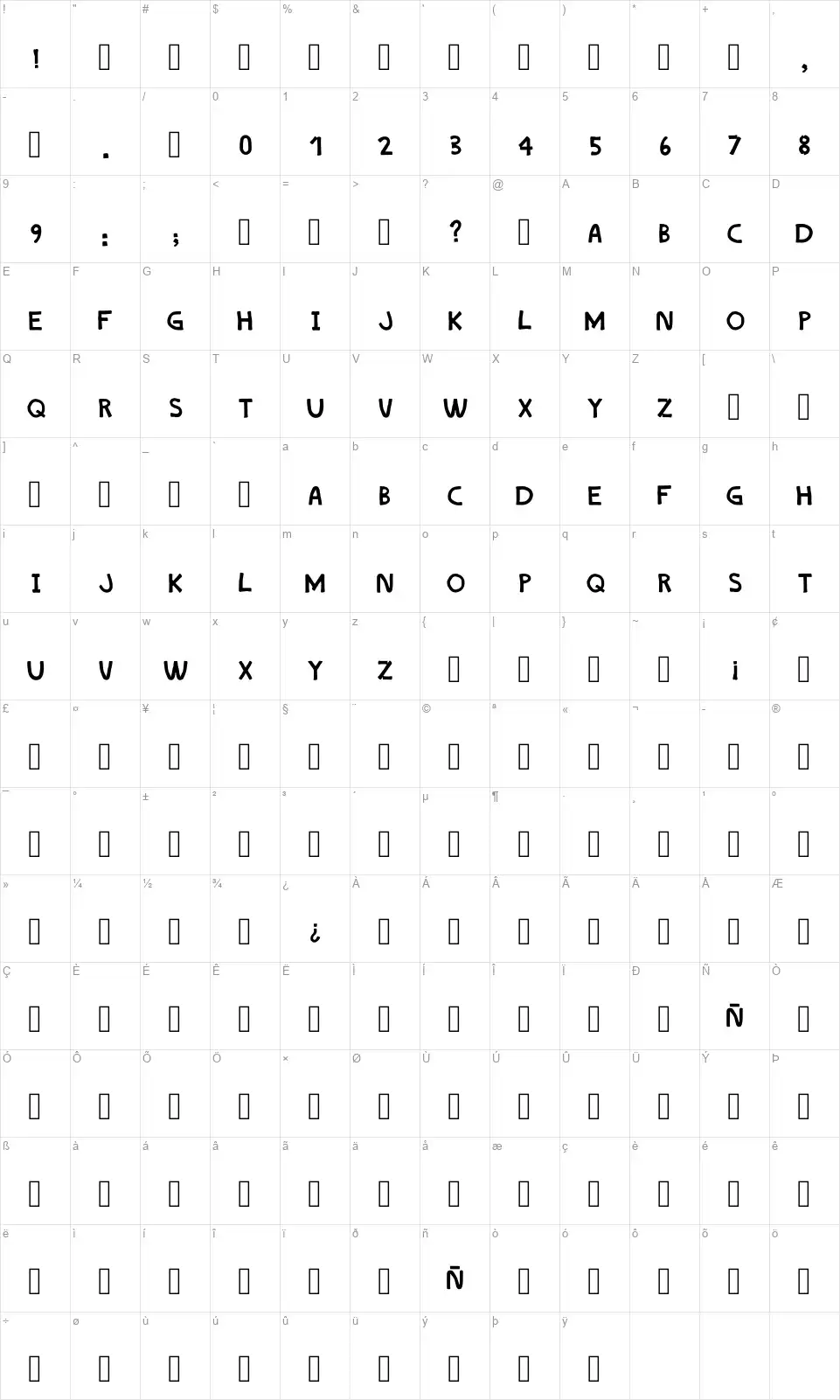Colet Spunchfont character map
