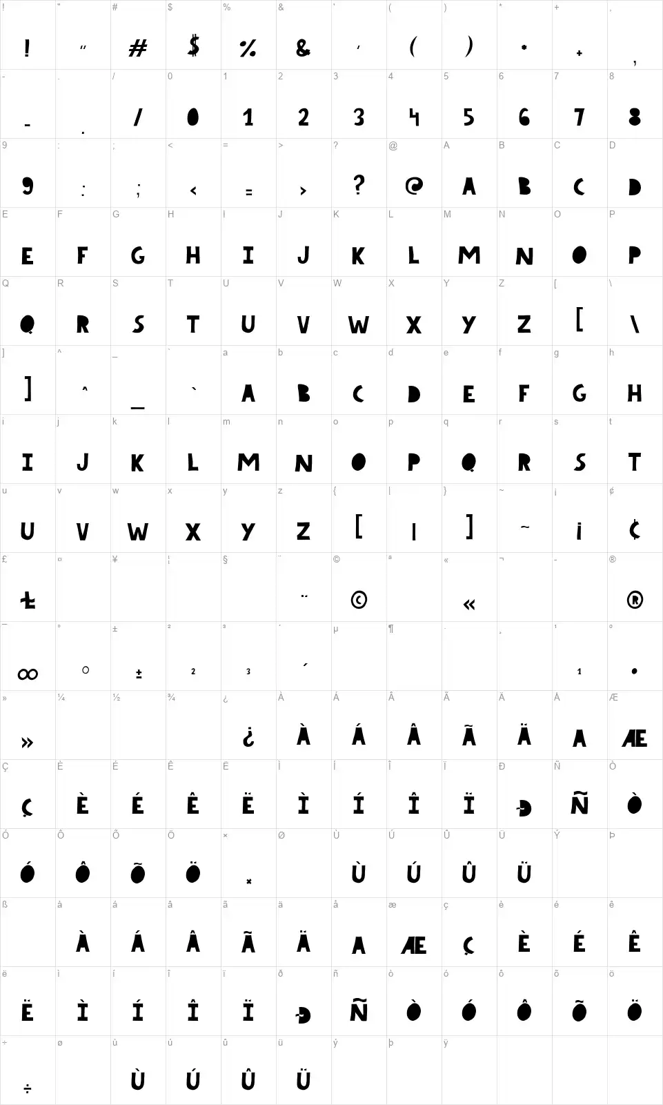 Comic Boldfont character map
