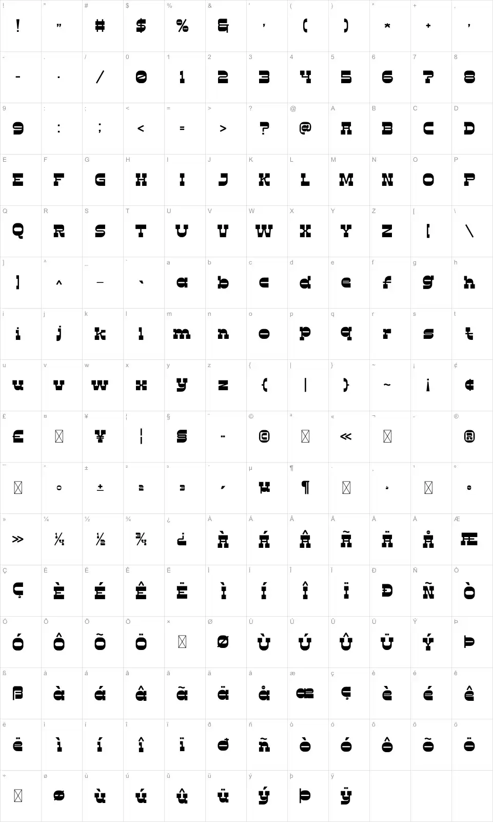 Comoz Mapa de caracteres Comozfont character map