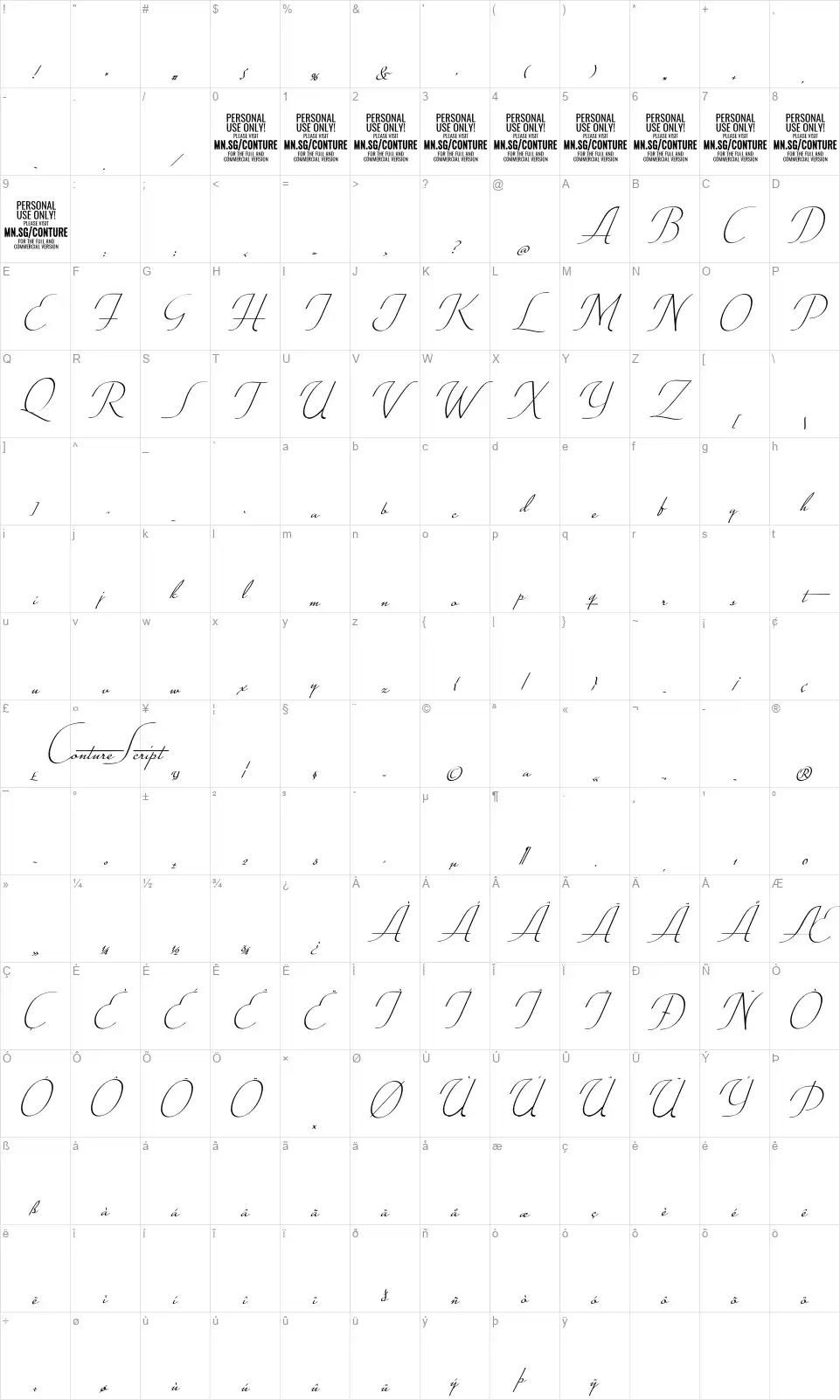 Conture Scriptfont character map