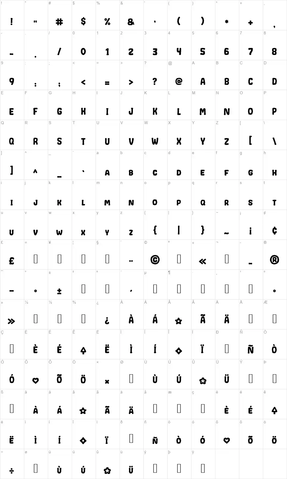Crumpledfont character map