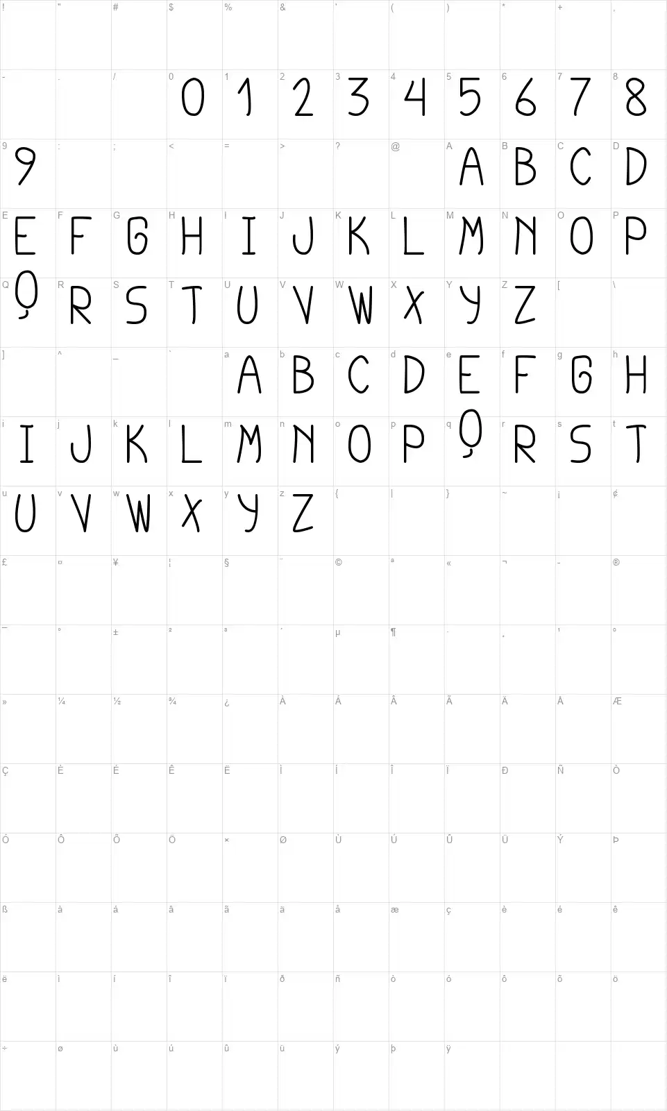 Cursi Extra TFBfont character map