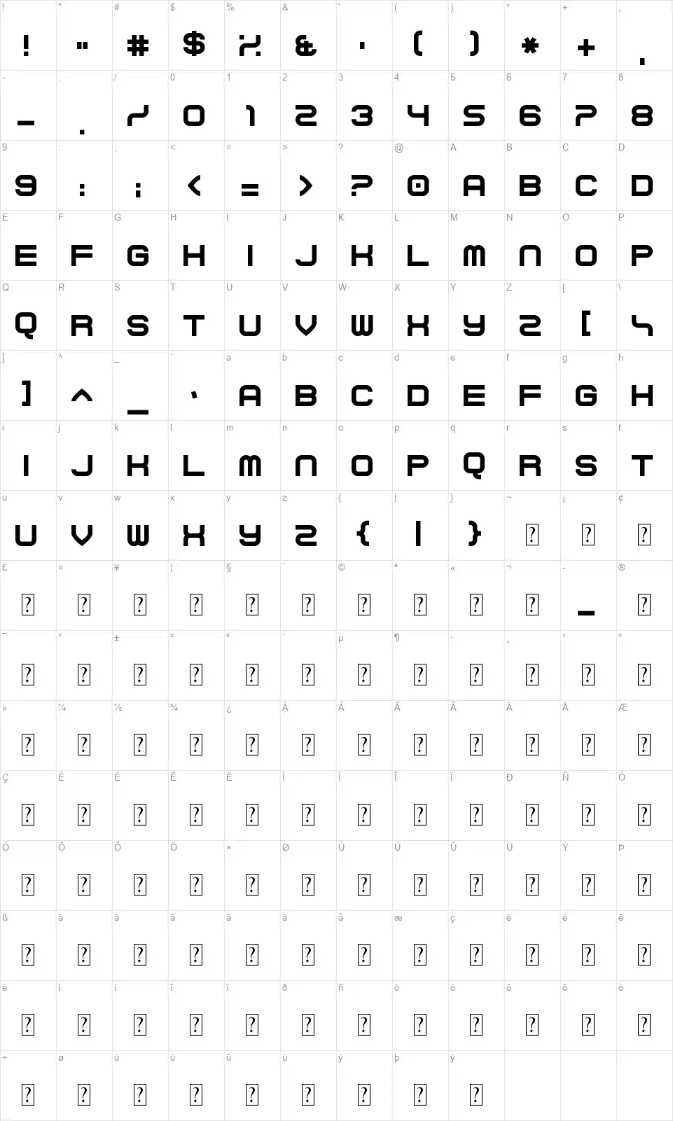 Curvertfont character map