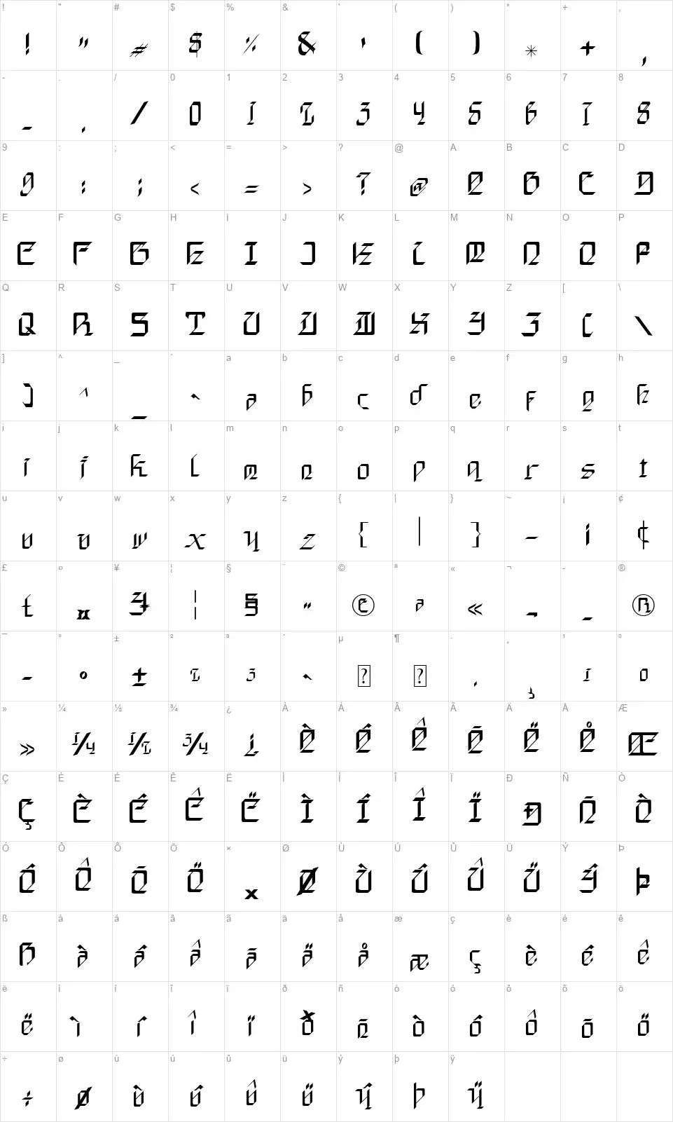 Dark Saberfont character map