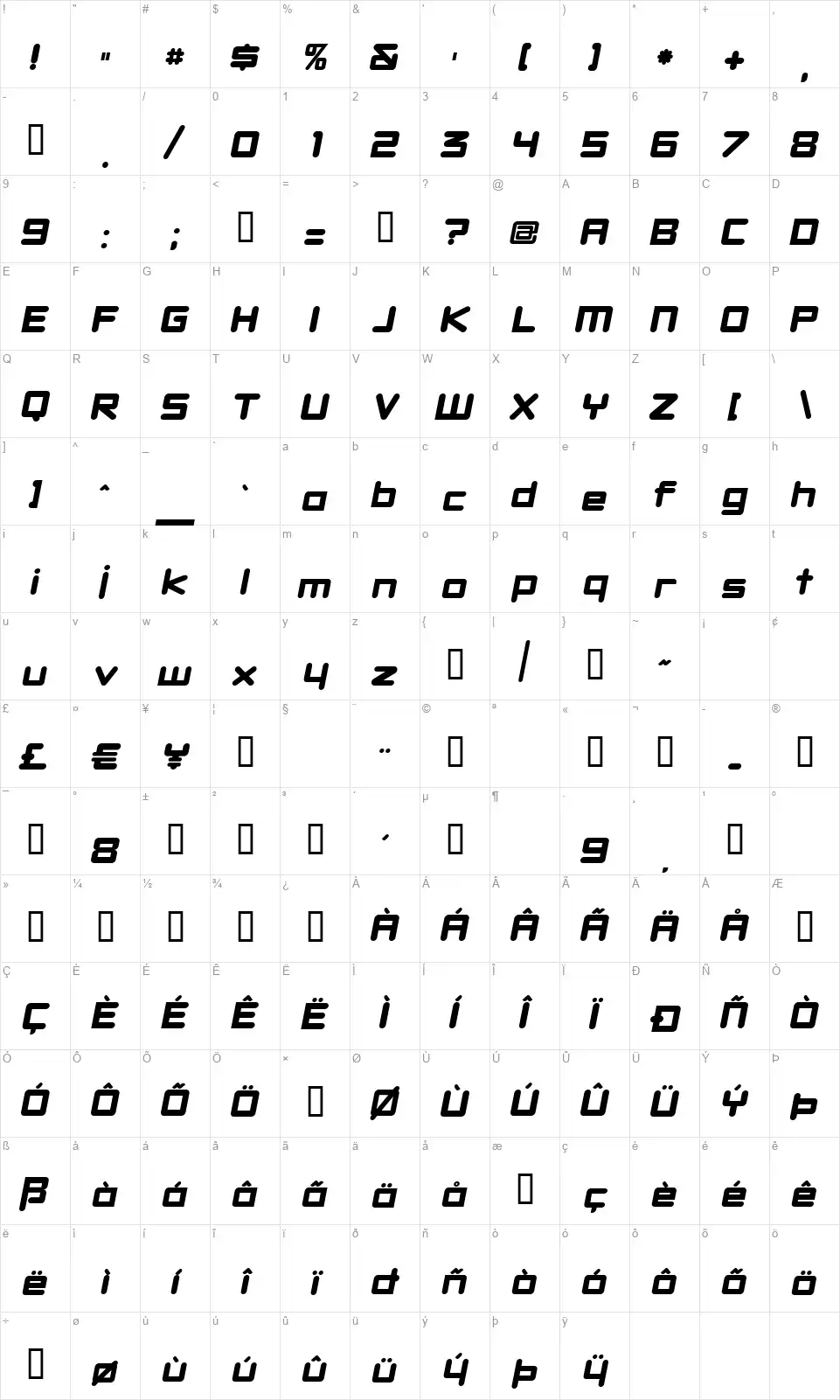 DBXL Nightfeverfont character map