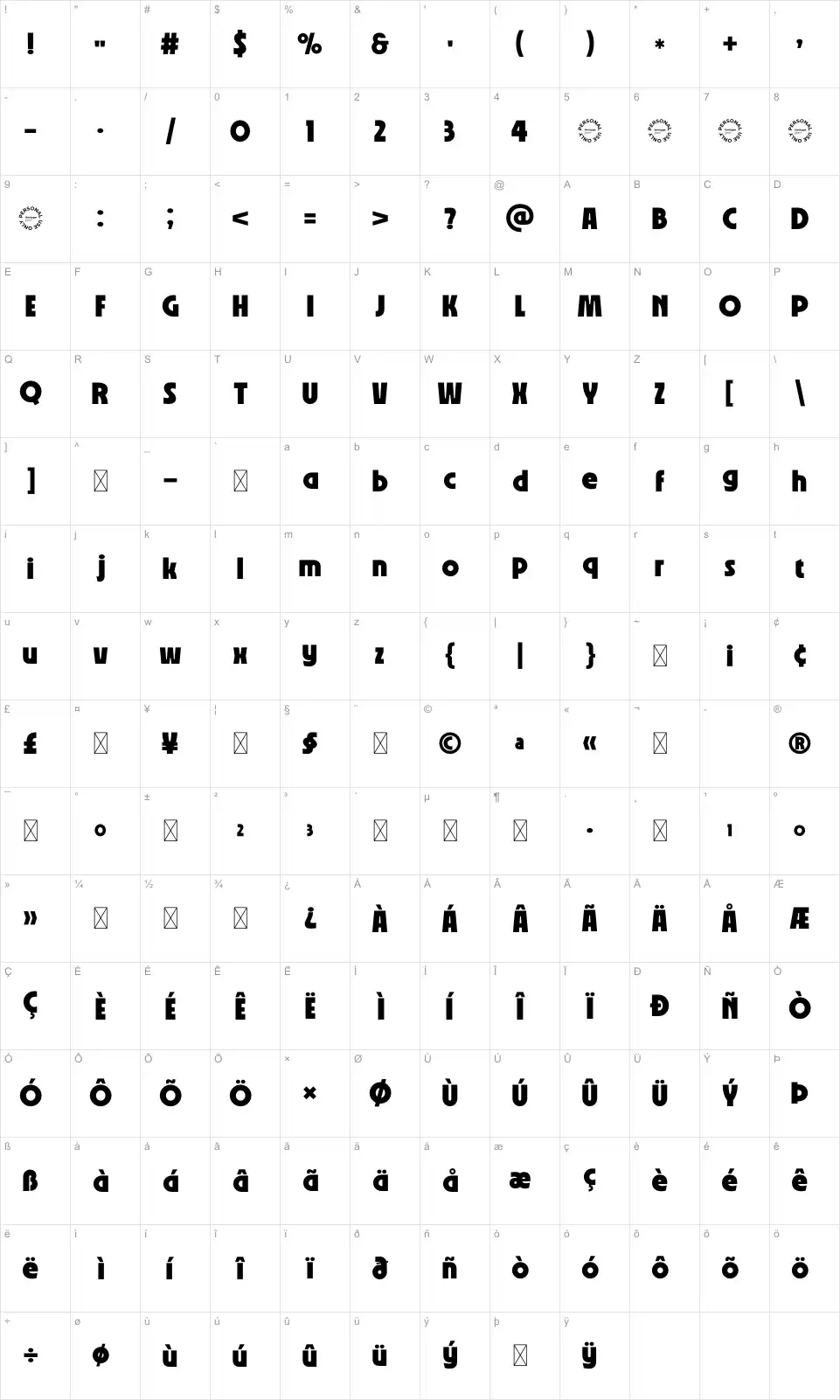 Decoma Mapa de caracteres Decomafont character map