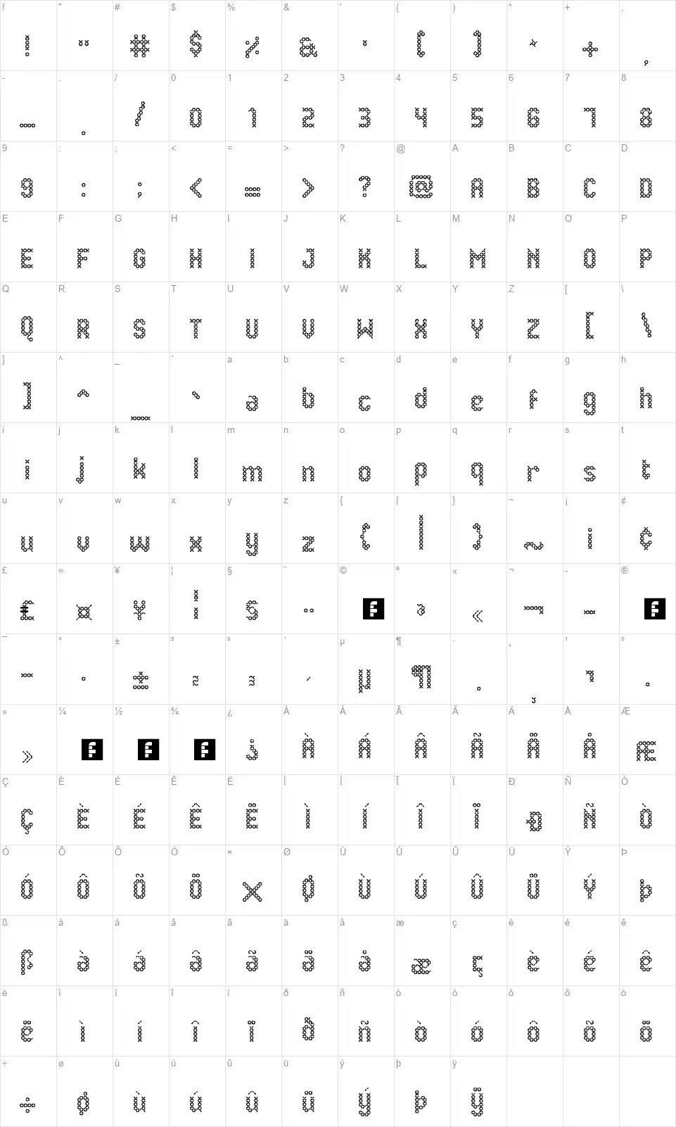 Eenvoudige Batikfont character map