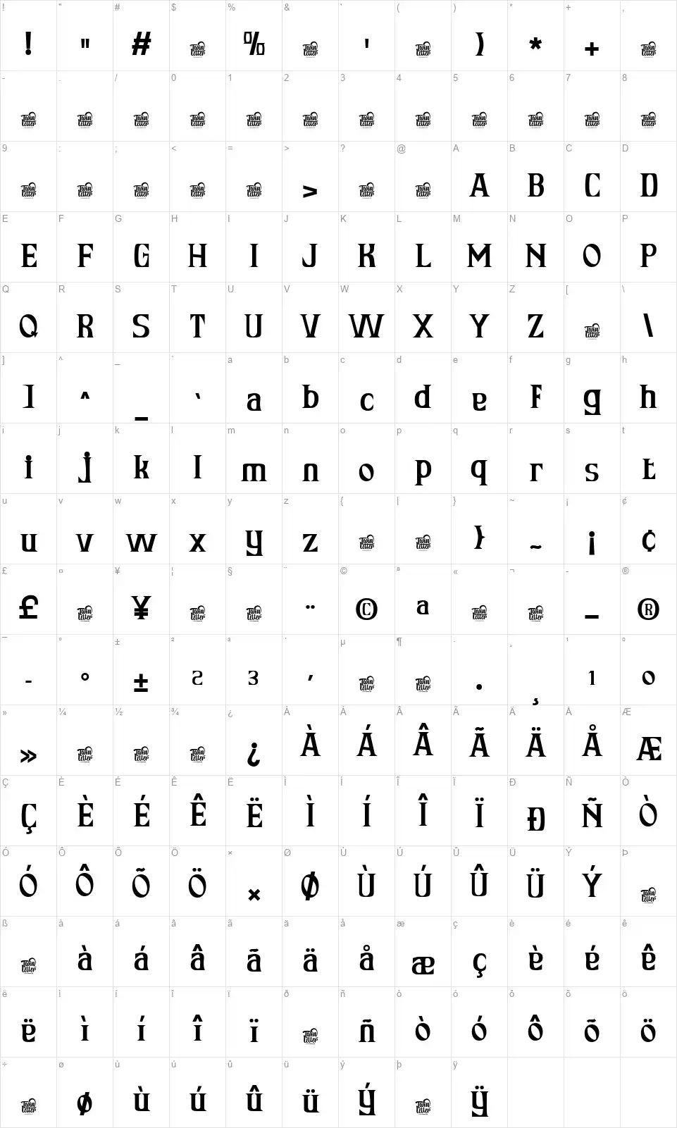 Ensatulogifont character map