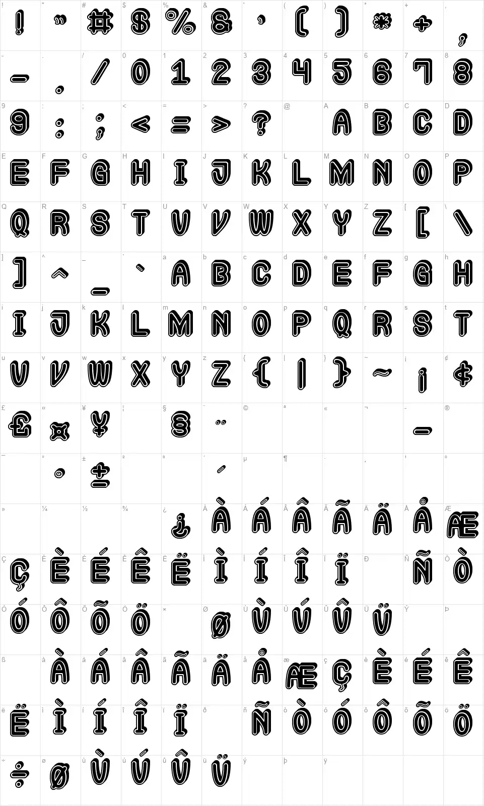 Extra Gro Stfont character map