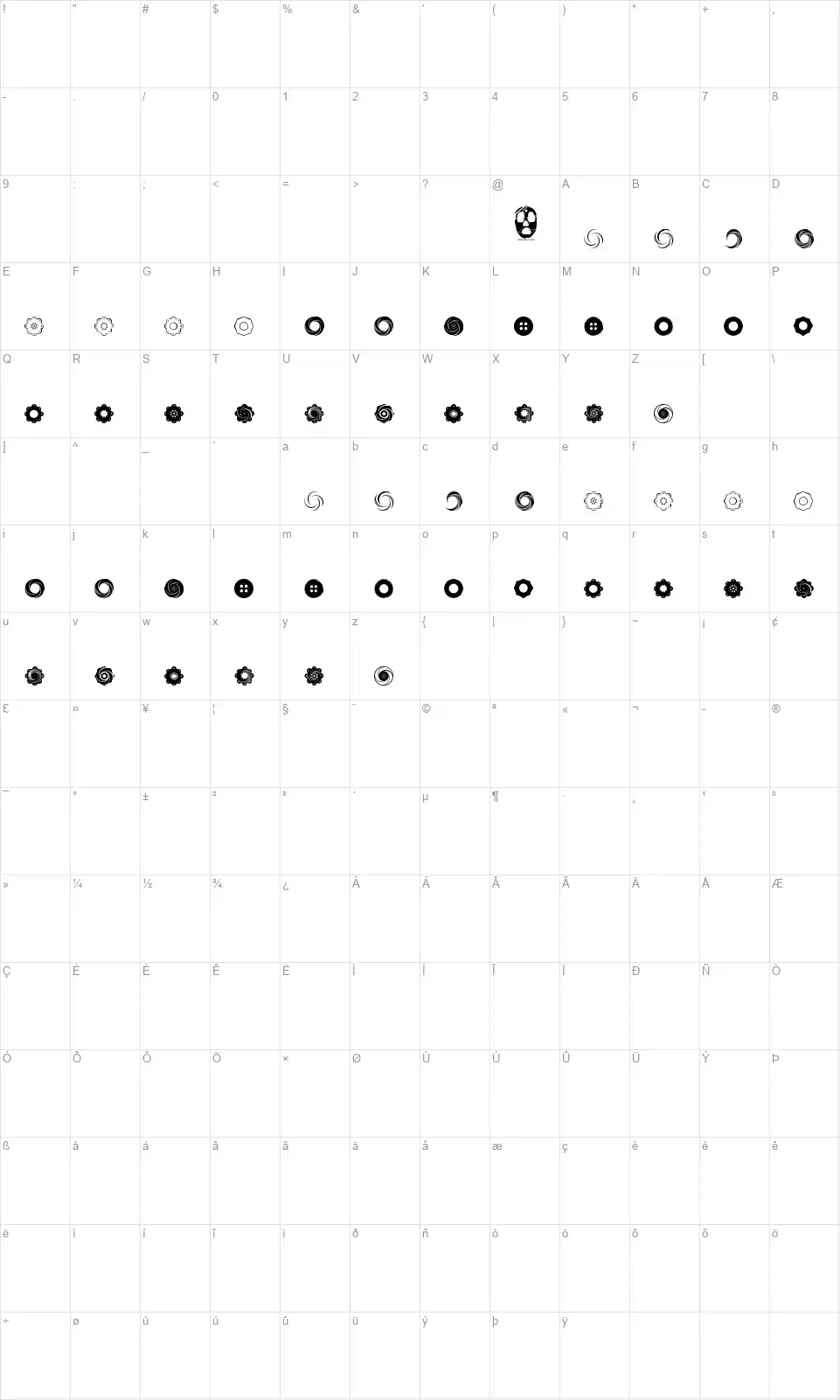 Fluid Spiralfont character map