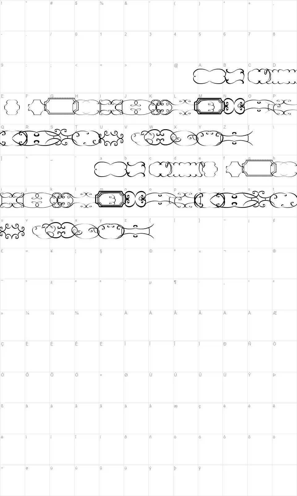 Frames TFBfont character map