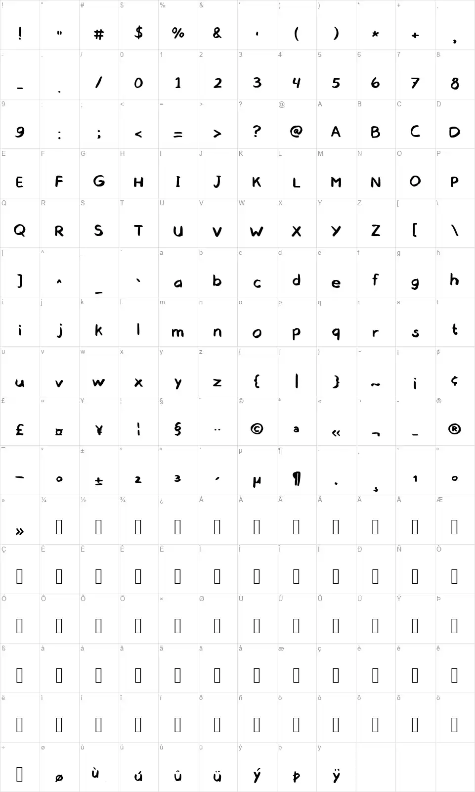 Go Baaa Handwritten Comicfont character map