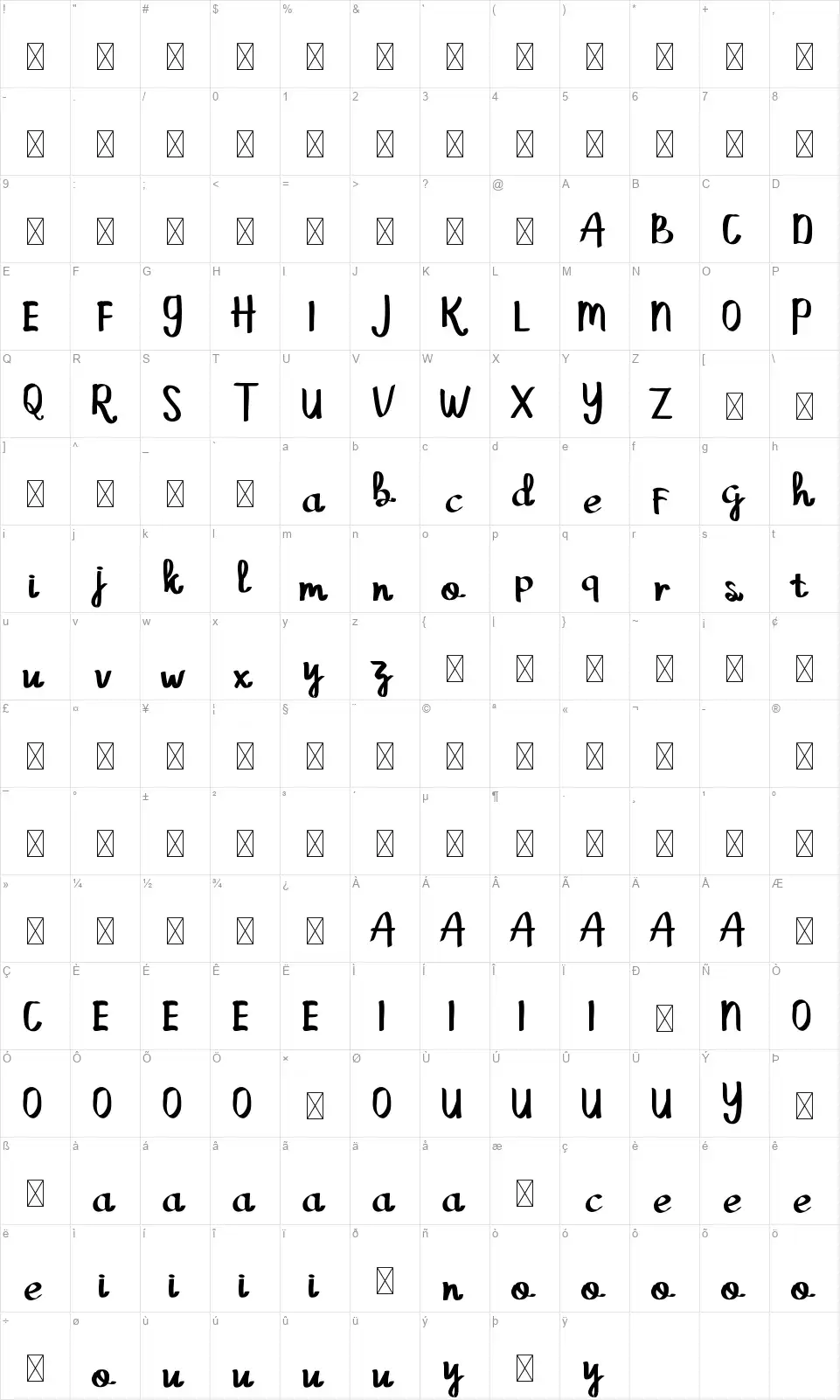 Grey Cloudfont character map