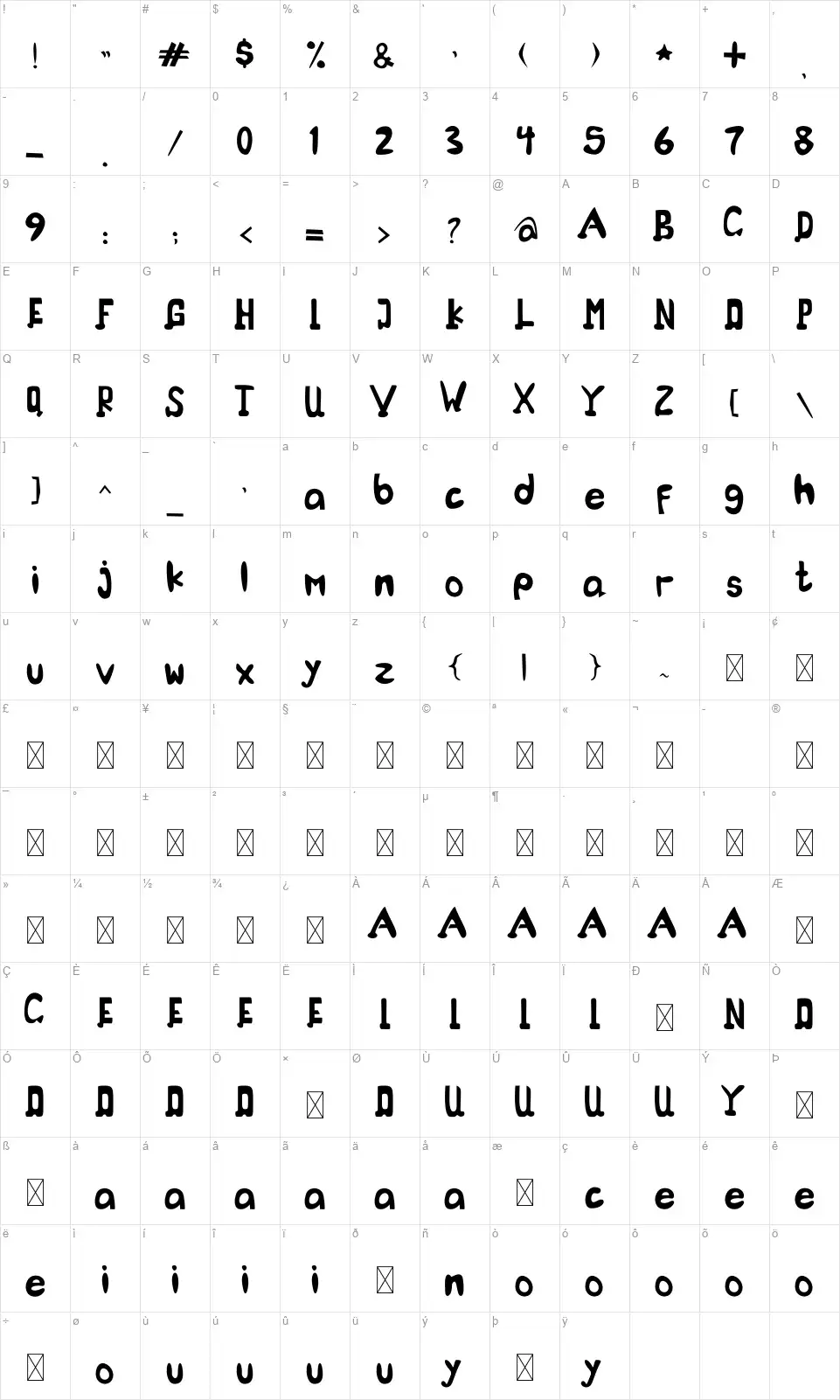 Hallimunafont character map