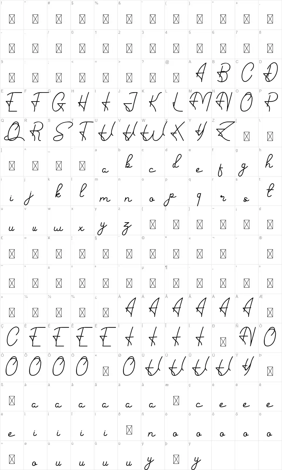 Hand Signaturefont character map