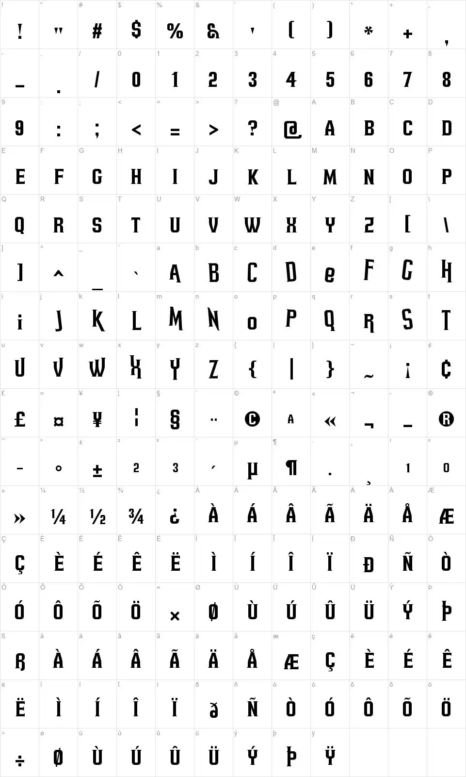 Headsome & Modiffont character map