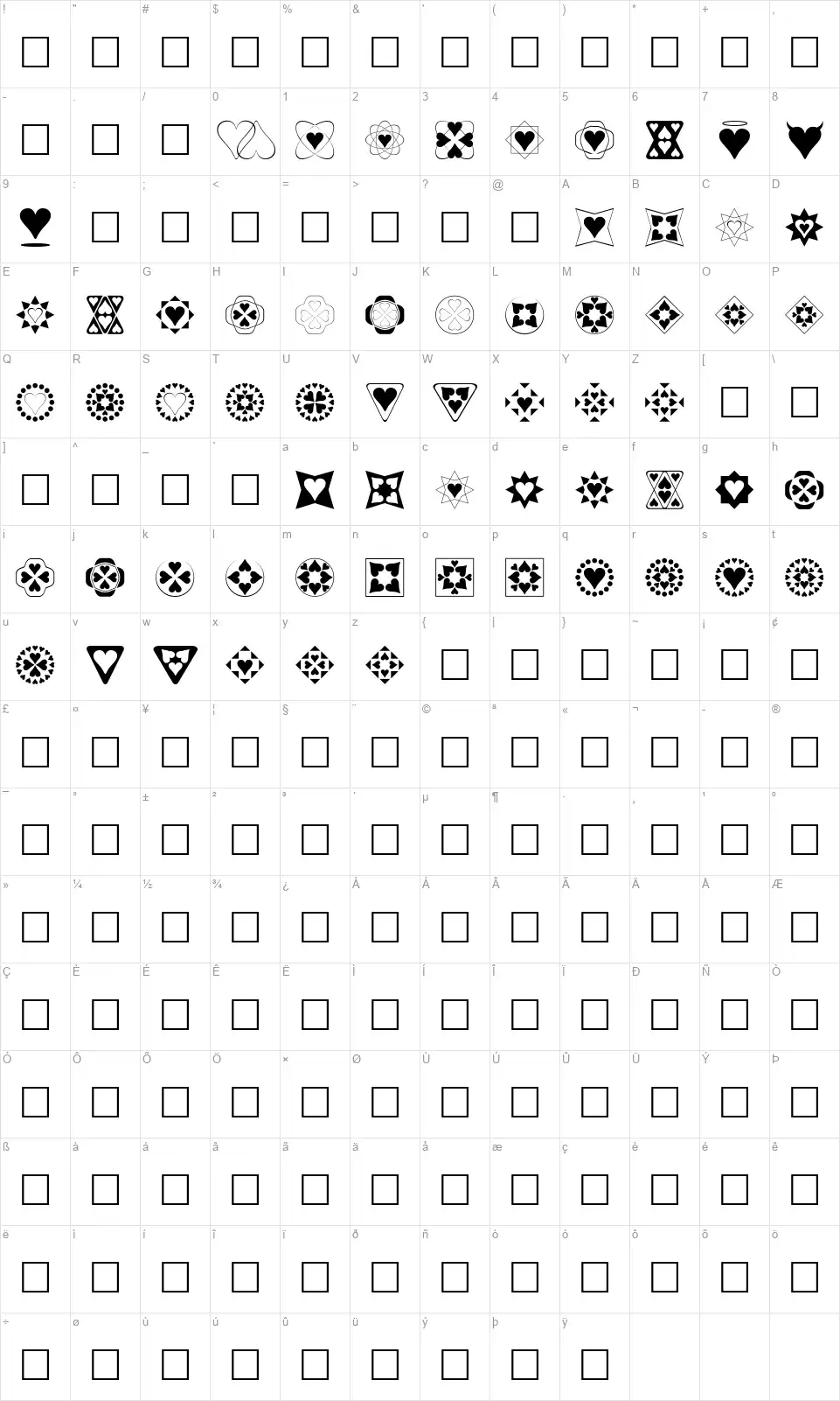Heart Thingsfont character map