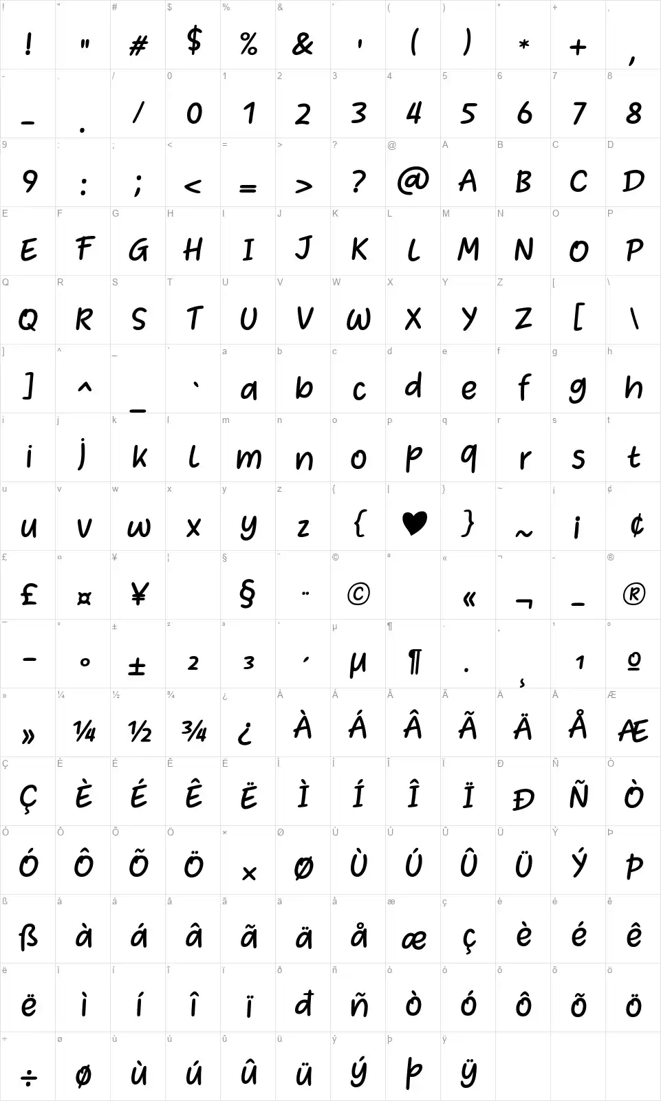 Heart Warming Extrafont character map