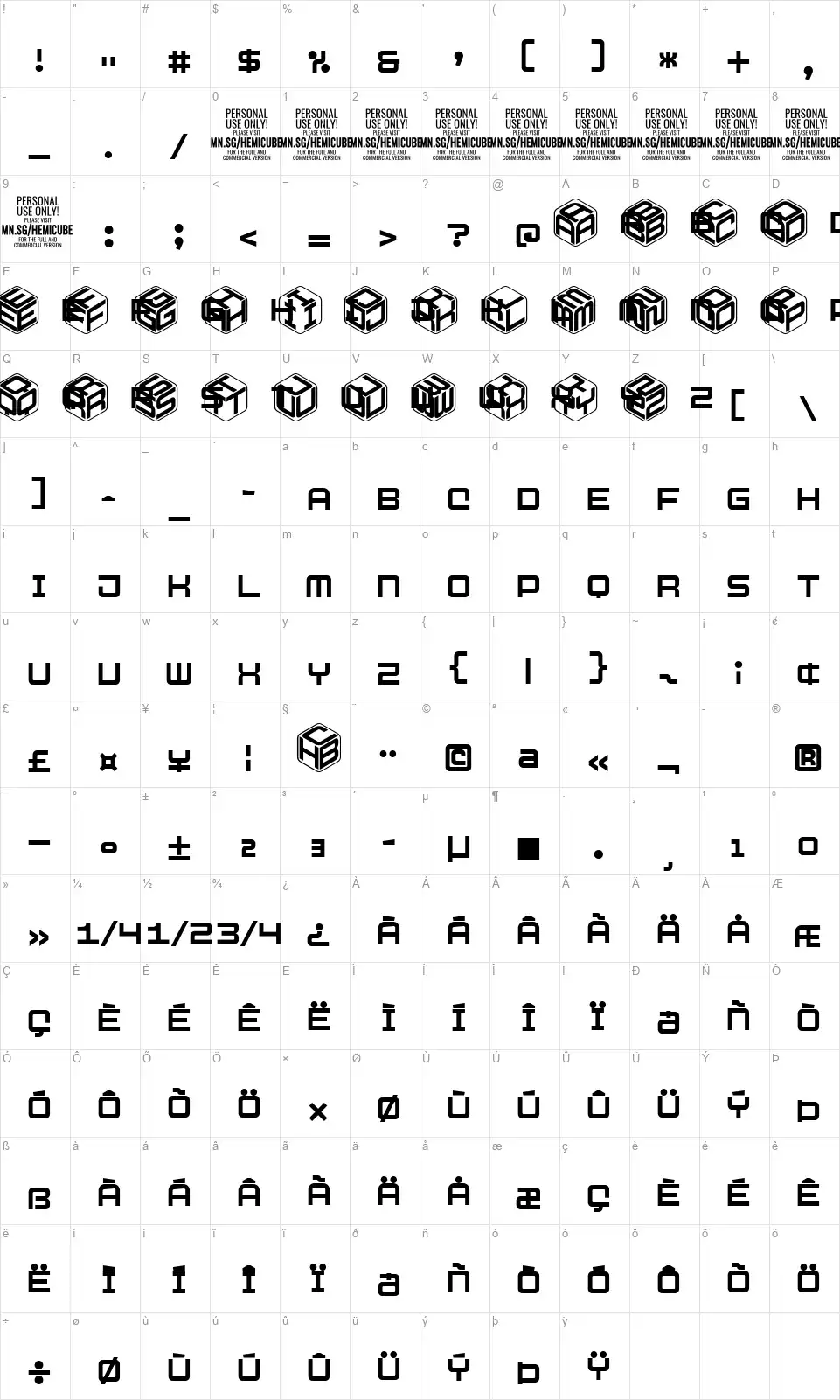 Hemicubefont character map