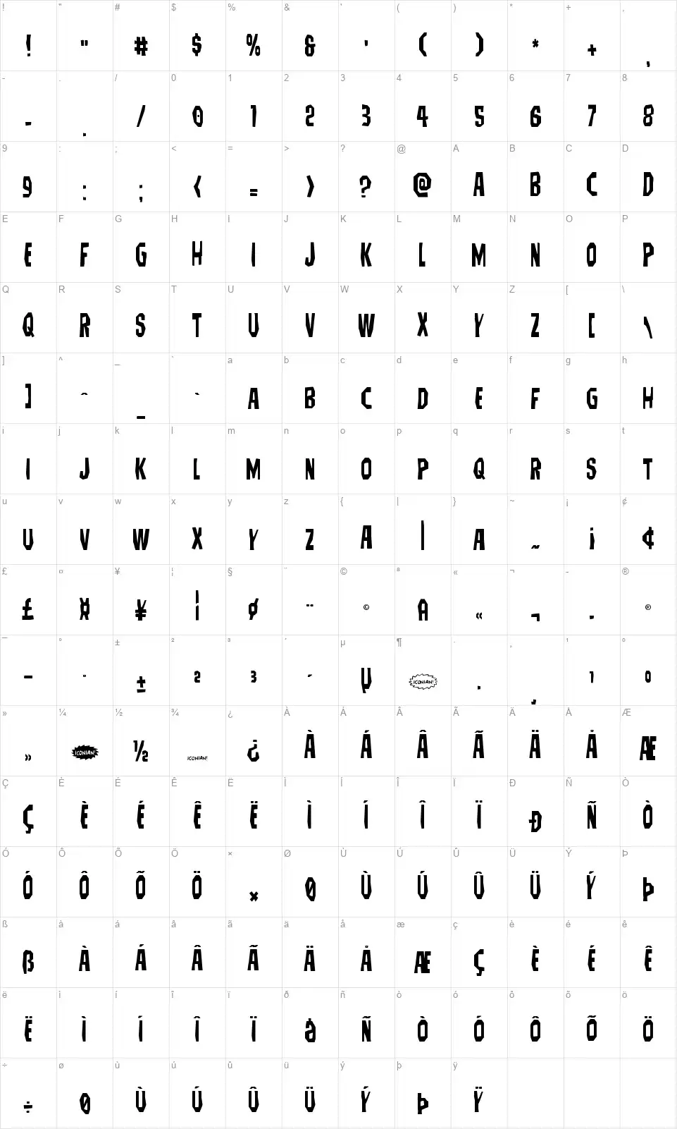 Hitchblockfont character map