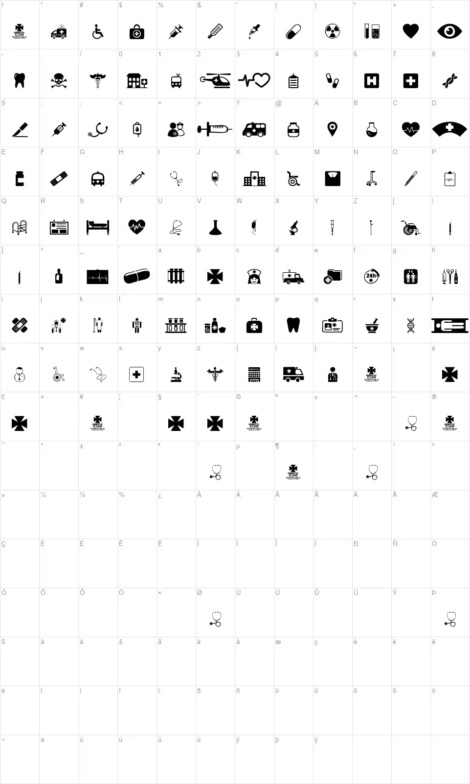 Hospital Iconsfont character map