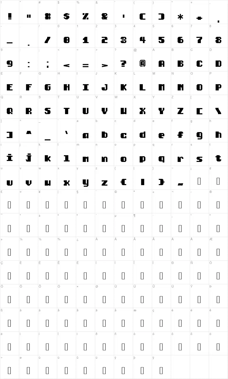 Hotheadfont character map