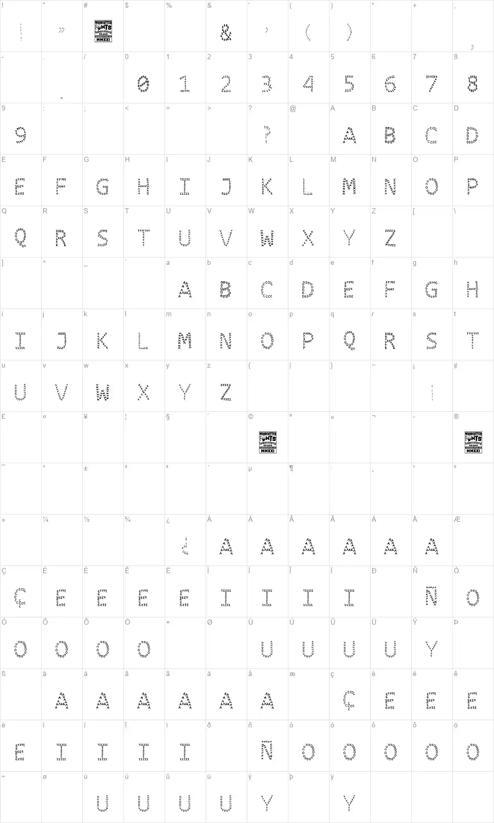 Impossible Landfont character map