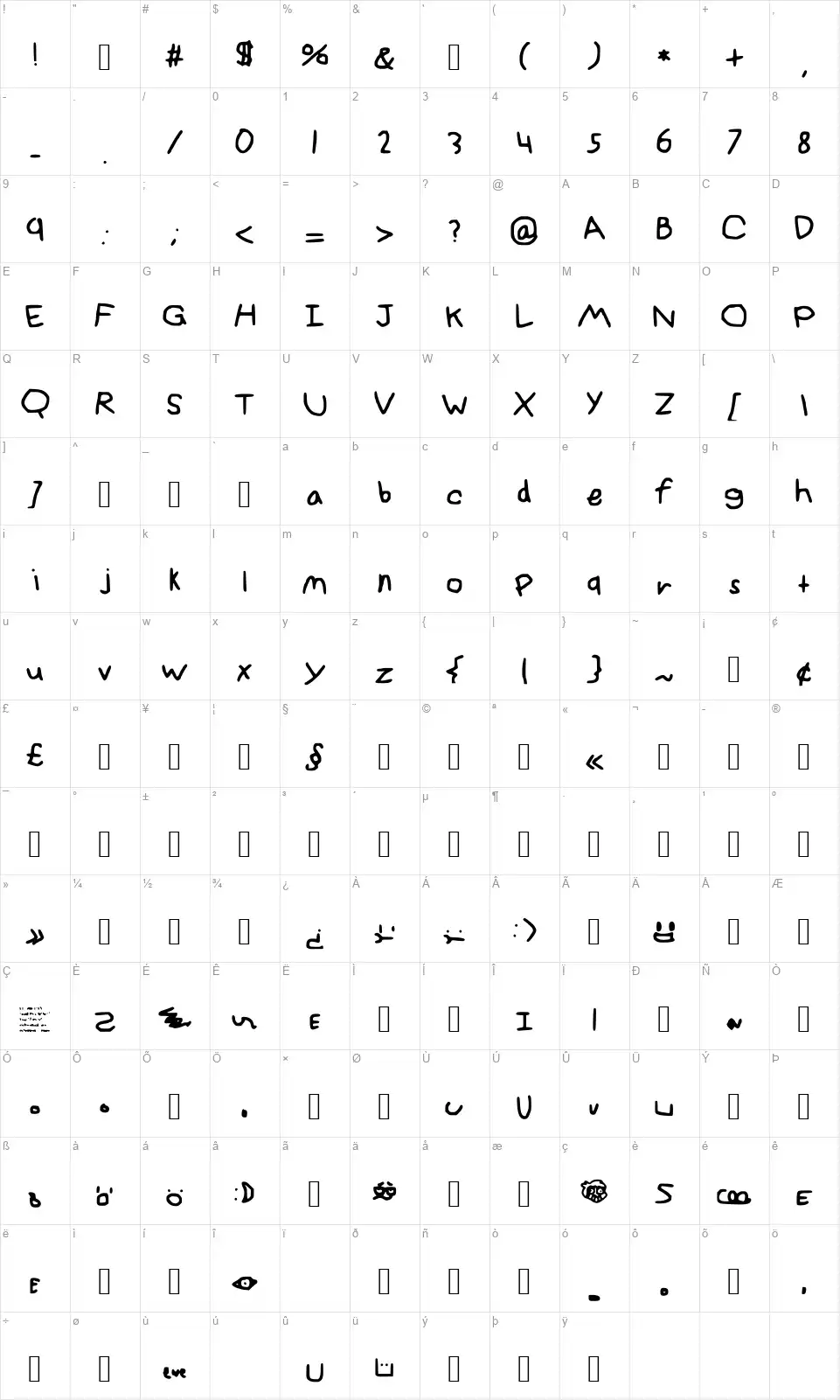 Inanimate AllStarsfont character map